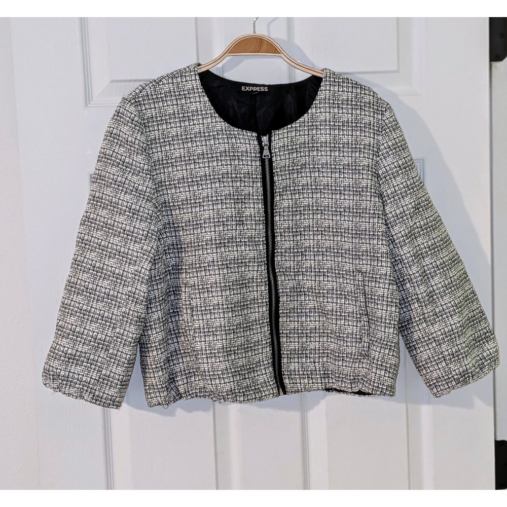 Express Womens Jacket Tweed Black and‎ White Full Zip 3/4 Sleeve Size L
